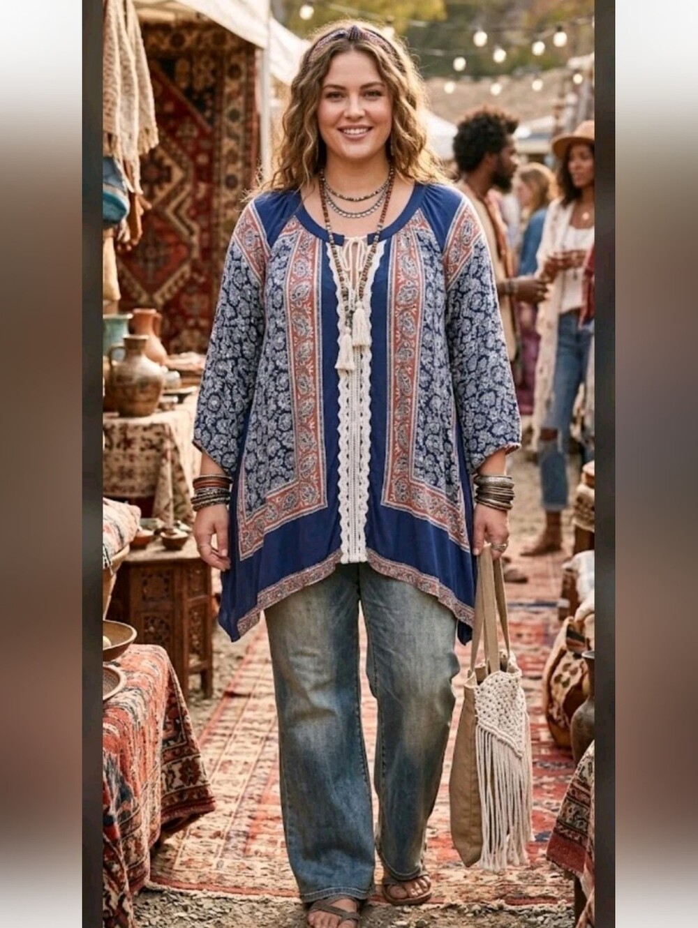 One World 2X Boho Tunic Top Boho Festival Retro #4500